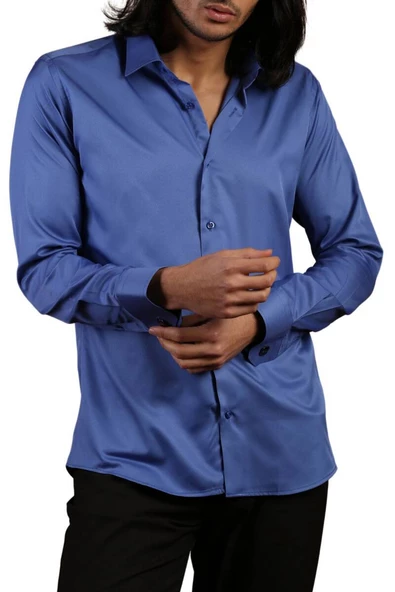 Saks Mavi Dar Kesim Micro Kumaş Kol Düğmeli Slim Fit Erkek Gömlek - 201-14 - Resim 3