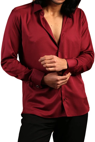 Bordo Dar Kesim Micro Kumaş Kol Düğmeli Slim Fit Erkek Gömlek - 201-13 - Resim 3
