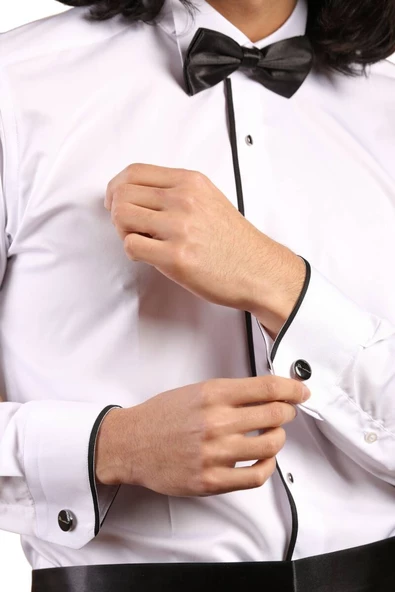Beyaz Siyah Tek Bieli Damatlık Ata Yaka Kol Düğmeli Slim Fit Smokin Gömlek - 027 - Resim 7