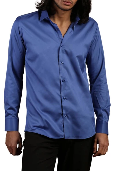 Saks Mavi Dar Kesim Micro Kumaş Kol Düğmeli Slim Fit Erkek Gömlek - 201-14 - Resim 2