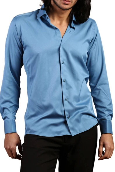 Turkuaz Mavi Dar Kesim Micro Kumaş Kol Düğmeli Slim Fit Erkek Gömlek - 201-18 - Resim 2