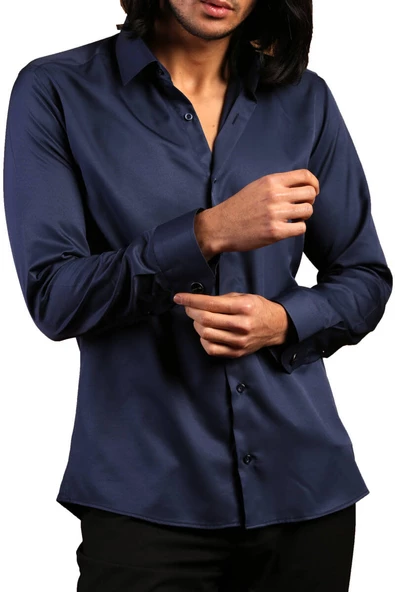 Lacivert Dar Kesim Micro Kumaş Kol Düğmeli Slim Fit Erkek Gömlek - 201-12 - Resim 3