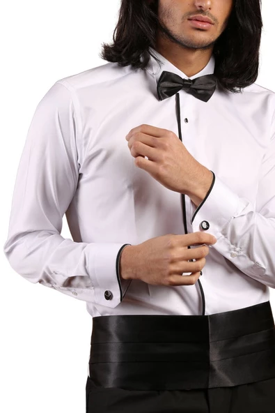 Beyaz Siyah Tek Bieli Damatlık Ata Yaka Kol Düğmeli Slim Fit Smokin Gömlek - 027 - Resim 6