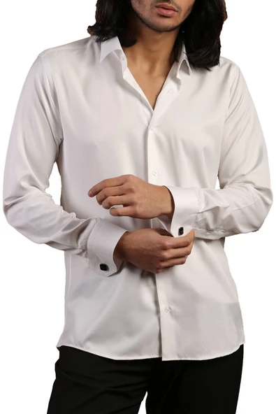 Krem Dar Kesim Micro Kumaş Kol Düğmeli Slim Fit Erkek Gömlek - 201-10 ürün görseli