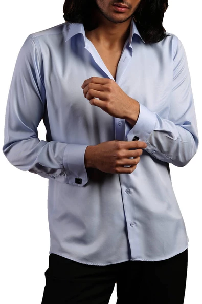 Mavi Dar Kesim Micro Kumaş Kol Düğmeli Slim Fit Erkek Gömlek - 201-4 - Resim 3