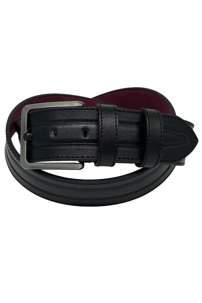 Siyah Suni Deri Dikişli Model 4.5 cm.lik Spor Kot Kemer - 4500-61-22KS - Resim 3