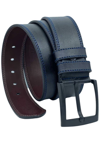 Siyah Suni Deri Lacivert Çift Dikişli 4.5 cm.lik Spor Kemer - 4500-13