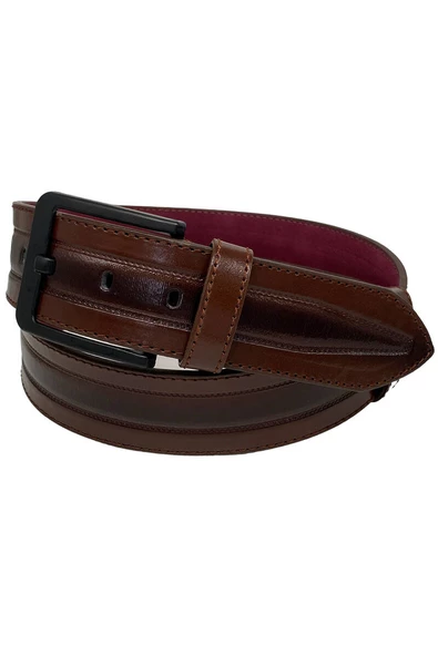 Kahverengi Suni Deri Dikişli Model 4.5 cm.lik Spor Kot Kemer - 4513-61-22KS - Resim 4