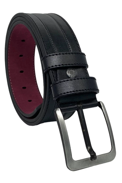 Siyah Suni Deri Dikişli Model 4.5 cm.lik Spor Kot Kemer - 4500-61-22KS - Resim 5