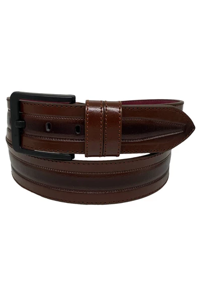Kahverengi Suni Deri Dikişli Model 4.5 cm.lik Spor Kot Kemer - 4513-61-22KS - Resim 2