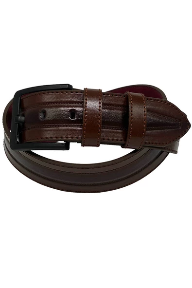 Kahverengi Suni Deri Dikişli Model 4.5 cm.lik Spor Kot Kemer - 4513-61-22KS - Resim 3