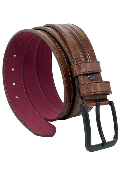 Kahverengi Suni Deri Ortası Desenli Model 4 cm.lik Spor Kemer - 9013-52-22RL