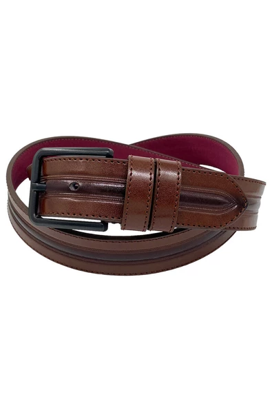 Kahverengi Suni Deri Ortası Desenli Model 4 cm.lik Spor Kemer - 9013-52-22RL - Resim 4