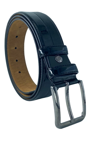 Siyah Rugan Suni Deri Yarım Desenli 4 cm.lik Klasik Kemer - 7400-901-22KX - Resim 5