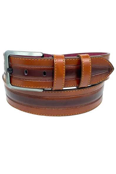 Taba Suni Deri Dikişli Model 4.5 cm.lik Spor Kot Kemer - 4523-61-22KS - 2