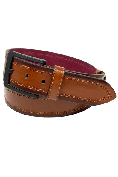 Taba Suni Deri Dikişli Desensiz Düz Model 4.5 cm.lik Spor Kot Kemer - 4523-111-22KS - Resim 3