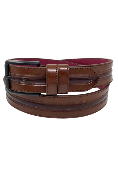 Kahverengi Suni Deri Ortası Desenli Model 4 cm.lik Spor Kemer - 9013-52-22RL - Resim 2
