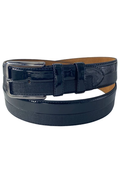 Siyah Rugan Suni Deri Yarım Desenli 4 cm.lik Klasik Kemer - 7400-901-22KX - Resim 2