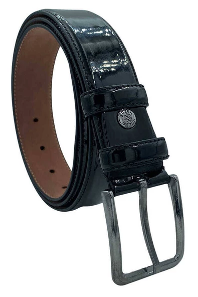 Siyah Rugan Suni Deri Düz Model Dikişli 3.5 cm.lik Klasik Kemer - 8001-Düz-22K-E - Resim 4