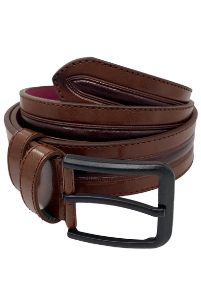 Kahverengi Suni Deri Ortası Desenli Model 4 cm.lik Spor Kemer - 9013-52-22RL - Resim 3