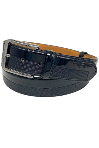 Siyah Rugan Suni Deri Yarım Desenli 4 cm.lik Klasik Kemer - 7400-901-22KX - Resim 3