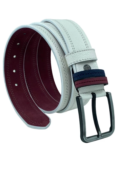 Beyaz Suni Deri Çift Dikişli Model 4 cm.lik Spor Kemer - 9016-10-22RL ürün görseli