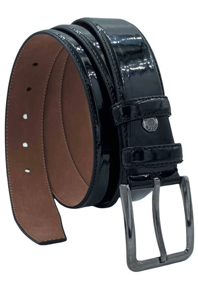 Siyah Rugan Suni Deri Düz Model Dikişli 3.5 cm.lik Klasik Kemer - 8001-Düz-22K-E - Resim 3