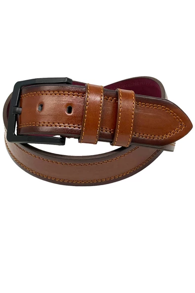 Taba Suni Deri Dikişli Desensiz Düz Model 4.5 cm.lik Spor Kot Kemer - 4523-111-22KS - Resim 4