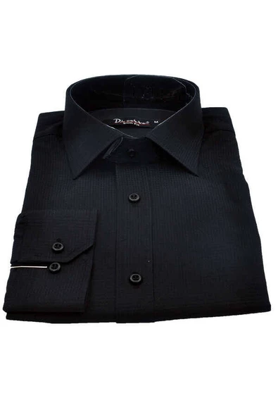Siyah Armür Desenli Slim Fit Düz Renk Uzun Kol Erkek Gömlek - 256-6
