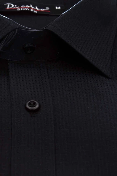 Siyah Armür Desenli Slim Fit Düz Renk Uzun Kol Erkek Gömlek - 256-6 - Resim 3