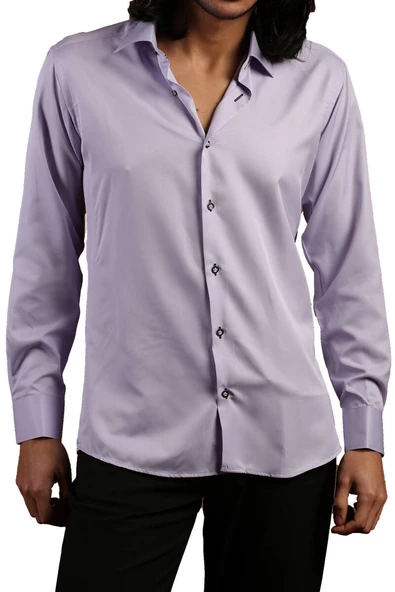 Lila Dar Kesim Micro Kumaş Kol Düğmeli Slim Fit Erkek Gömlek - 201-3 - Resim 2