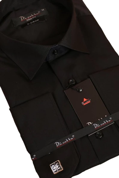 Siyah 8 Drop Ekstra Uzun Kol Dar Kesim Micro Kumaş Kol Düğmeli Slim Fit Erkek Gömlek - 197-6 - Resim 2