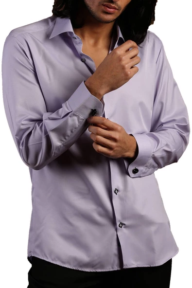 Lila Dar Kesim Micro Kumaş Kol Düğmeli Slim Fit Erkek Gömlek - 201-3 - Resim 3