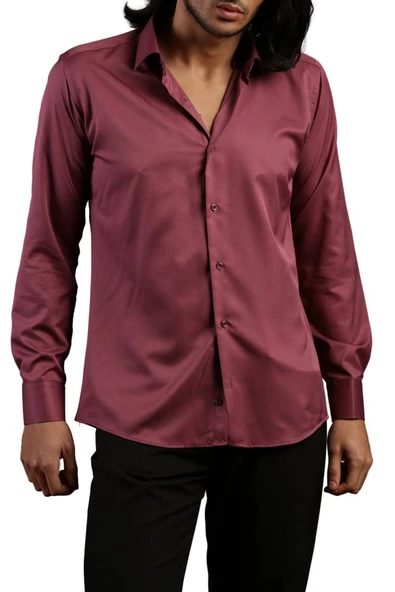 Mürdüm Dar Kesim Micro Kumaş Kol Düğmeli Slim Fit Erkek Gömlek - 201-23 - Resim 2