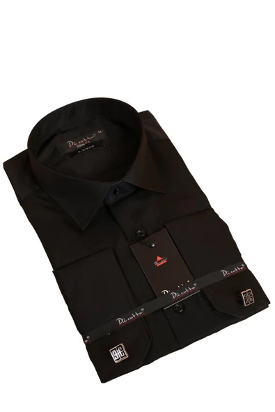 Siyah 8 Drop Ekstra Uzun Kol Dar Kesim Micro Kumaş Kol Düğmeli Slim Fit Erkek Gömlek - 197-6 ürün görseli