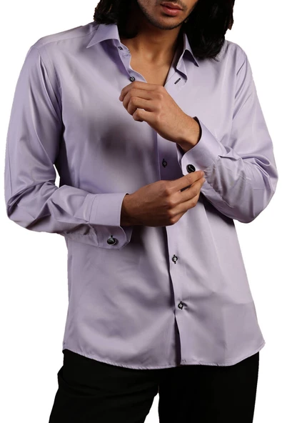 Lila Dar Kesim Micro Kumaş Kol Düğmeli Slim Fit Erkek Gömlek - 201-3 ürün görseli