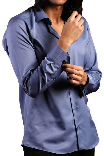 İndigo Dar Kesim Micro Kumaş Kol Düğmeli Slim Fit Erkek Gömlek - 201-5 - 3