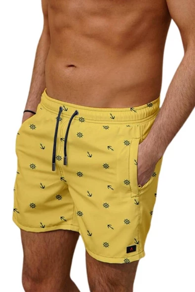 Su İtici Özellikli Dijital Baskılı Erkek Plaj Deniz Şort Mayo - 101-Sarı ürün görseli