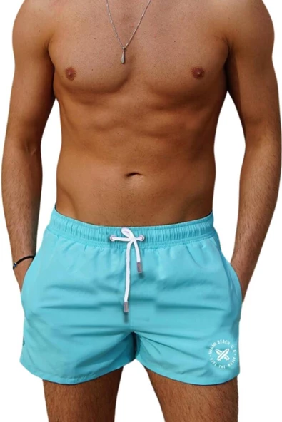 Mint Kısa Model Su İtici Özellikli Düz Renk Erkek Mini Plaj Deniz Şort Mayo - 2202-Mint - Resim 2