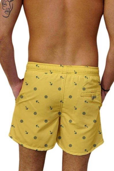 Su İtici Özellikli Dijital Baskılı Erkek Plaj Deniz Şort Mayo - 101-Sarı - Resim 3