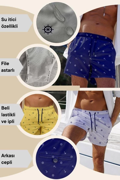 Su İtici Özellikli Dijital Baskılı Erkek Plaj Deniz Şort Mayo - 101-Sarı - Resim 4