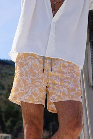 Su İtici Özellikli Yaprak Desen Dijital Baskılı Erkek Deniz Şort Mayo - 158-Oranj - Resim 2