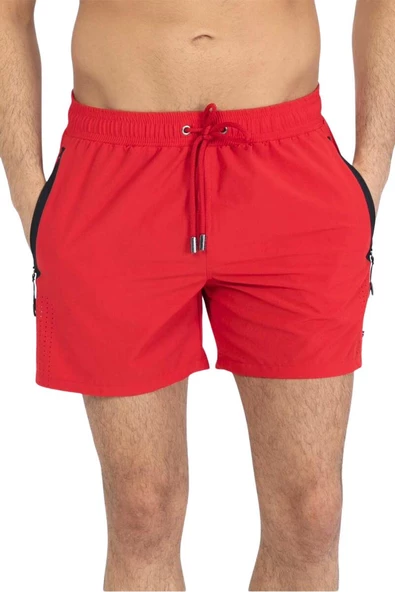 Kırmızı Likralı Esnek Kumaş Su İtici Özellikli Düz Renk Erkek Plaj Deniz Şort Mayo - 2201-Kirmizi - Resim 2