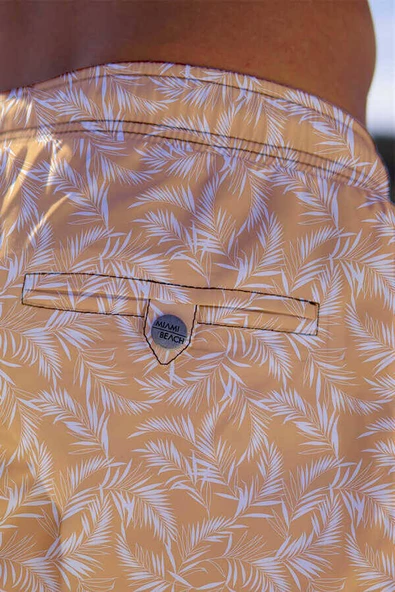 Su İtici Özellikli Yaprak Desen Dijital Baskılı Erkek Deniz Şort Mayo - 158-Oranj - Resim 3