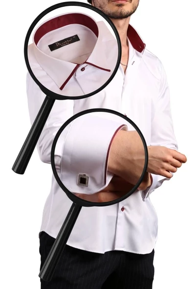 Beyaz Bordo Bieli Yaka Dar Kesim Micro Kumaş Kol Düğmeli Slim Fit Erkek Gömlek - 216-3 - Resim 3