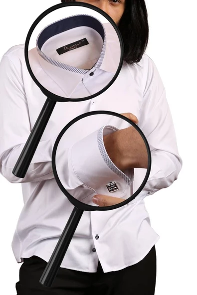 Beyaz Lacivert Bieli Yaka Dar Kesim Micro Kumaş Kol Düğmeli Slim Fit Erkek Gömlek - 200-3 - Resim 3