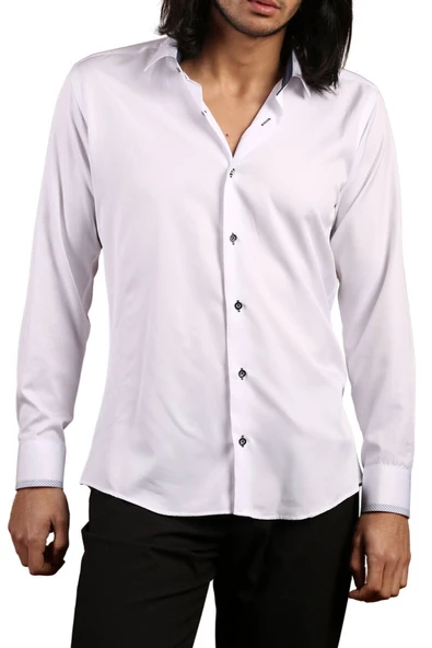 Beyaz Lacivert Bieli Yaka Dar Kesim Micro Kumaş Kol Düğmeli Slim Fit Erkek Gömlek - 200-3 - Resim 2