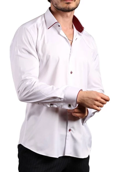 Beyaz Bordo Bieli Yaka Dar Kesim Micro Kumaş Kol Düğmeli Slim Fit Erkek Gömlek - 216-3