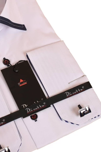 Beyaz Lacivert Bieli Yaka Dar Kesim Micro Kumaş Kol Düğmeli Slim Fit Erkek Gömlek - 200-1 - Resim 3