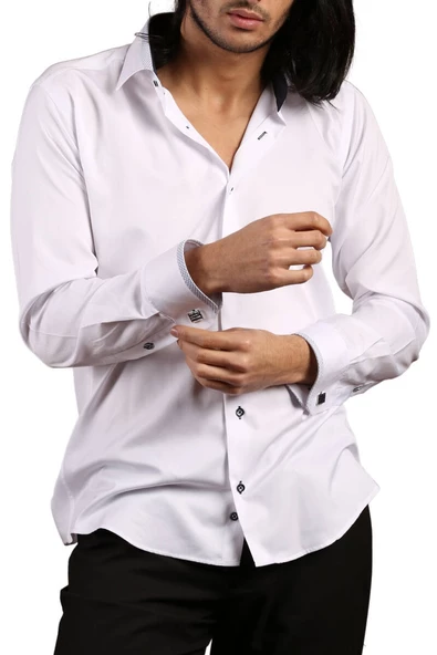 Beyaz Lacivert Bieli Yaka Dar Kesim Micro Kumaş Kol Düğmeli Slim Fit Erkek Gömlek - 200-3